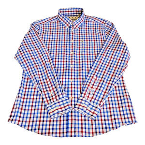 Barbour Button Up Down Shirt Red Check Burgundy Tailored Fit Long Sleeve Men Med